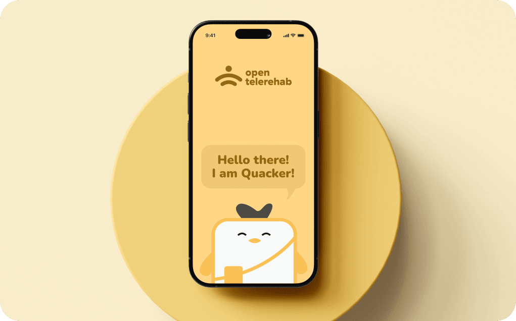 Open Telerehab onboarding screen, with Quacker introducing himself in a chat bubble
