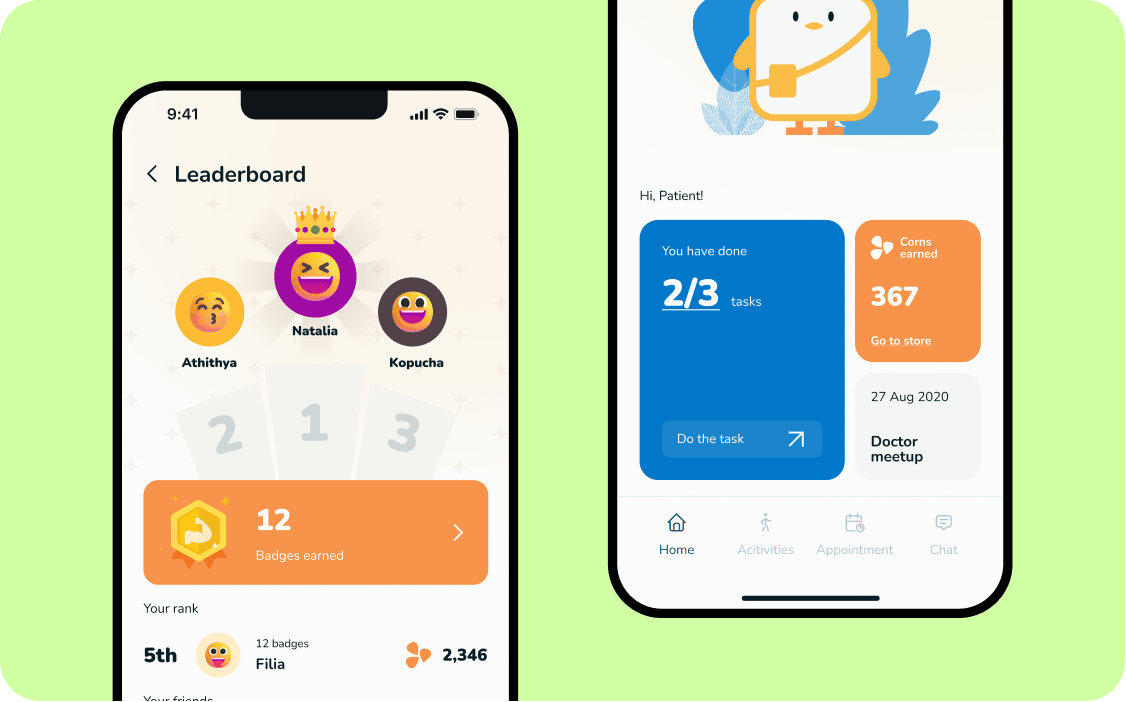 Open Telerehab leaderboard and home dashboard screens