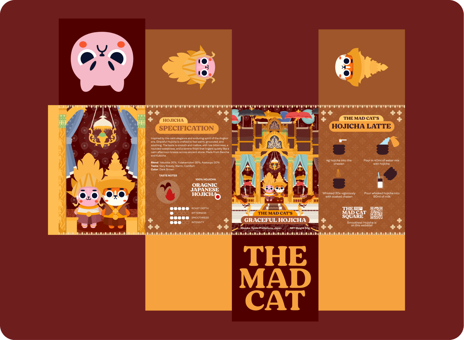 Graceful Hojicha packaging specification sheet, with Khmer temple-inspired artwork