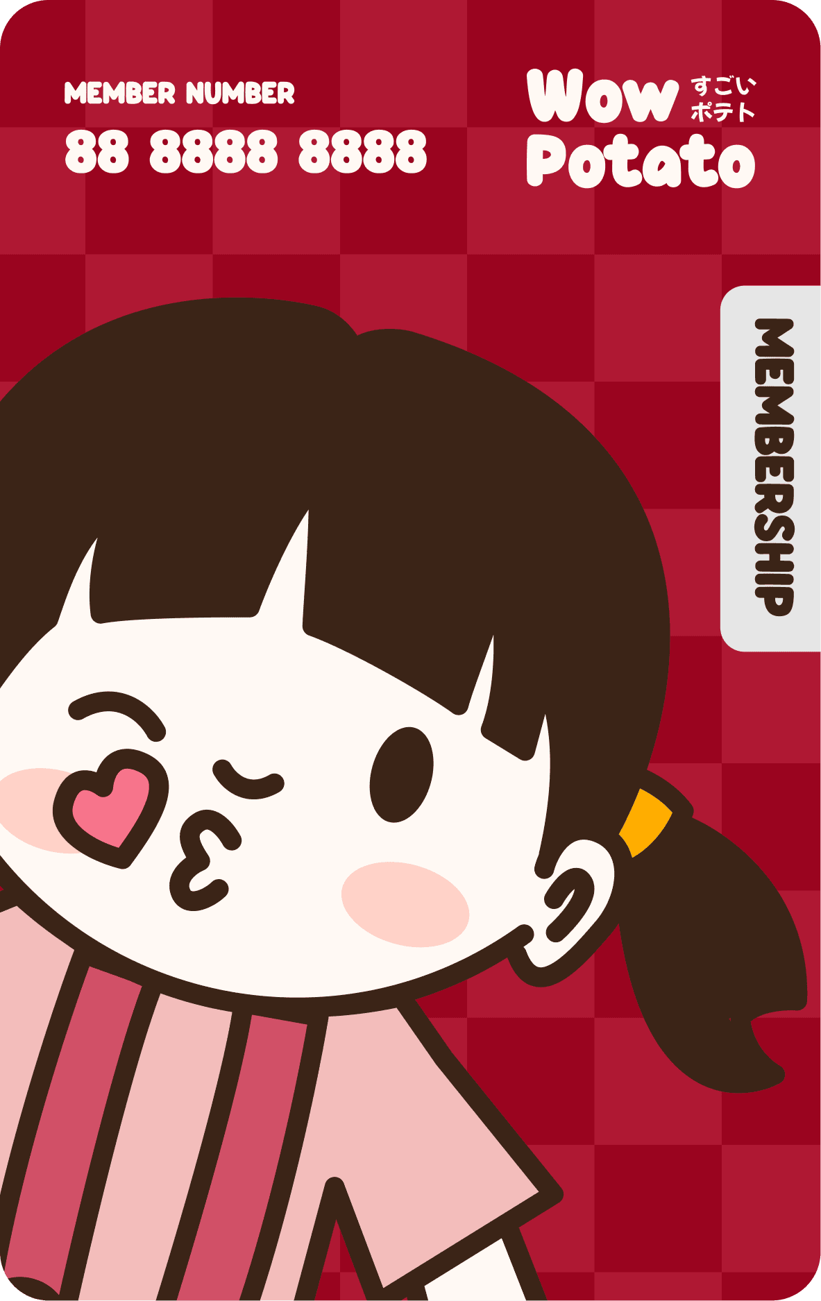 Wow Potato brand card featuring Hana-chan, in deep red